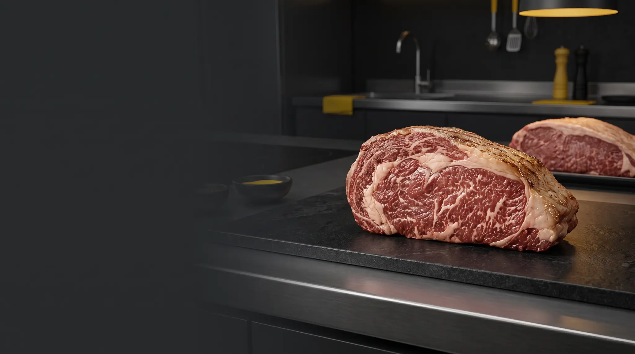 Corte de contra-filé apresentado em ambiente de cozinha profissional