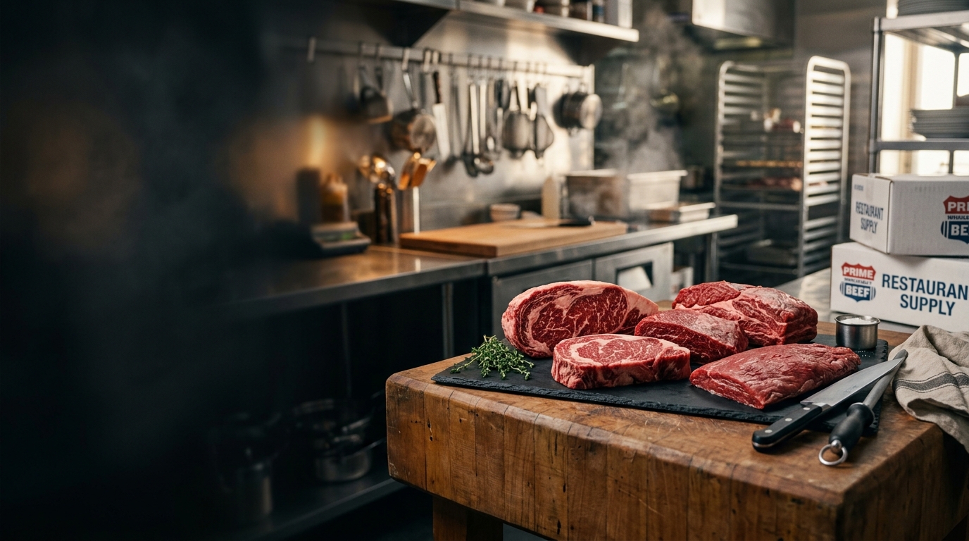 Cortes de carne bovina em cozinha profissional